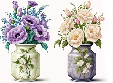 Detailed Floral Illustration: Purple and White Flowers in Vases