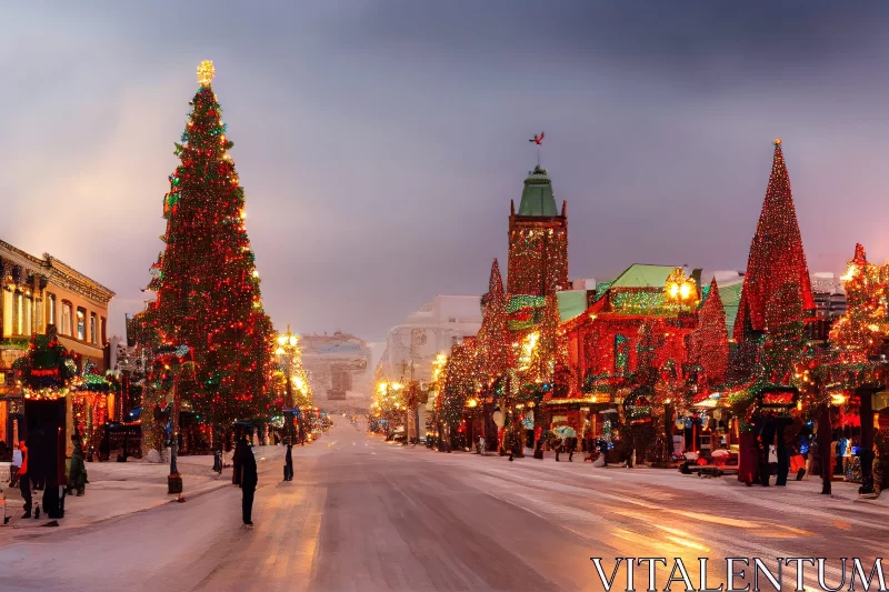Festive City Street in Winter with Christmas Tree AI Image