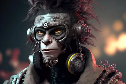 Futuristic Android Monkey Portrait - A Blend of Cyberpunk and Steampunk