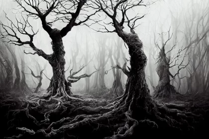Gothic Forest Scene with Exposed Root Trees