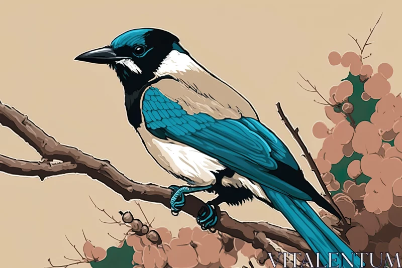 Precisionist Art: Detailed Blue Bird Illustration Amidst Cherry Blossoms AI Image