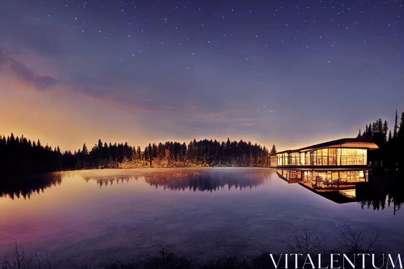 Serene Lodge Under Starry Night by Lake AI Image