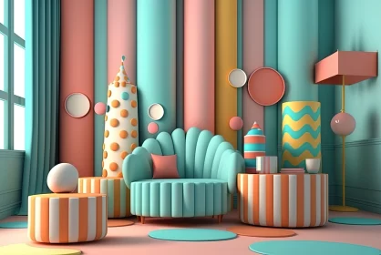 3D Rendered Colorful Interior with Whimsical Shapes
