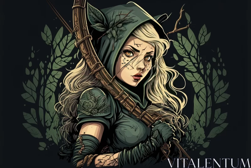 Girl with Bow in Forest - Necronomicon Style Art AI Image