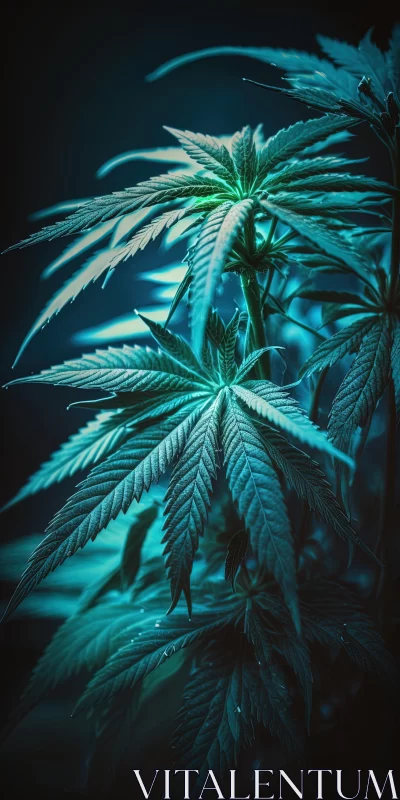 Moody and Atmospheric Marijuana Plant on Blue Background AI Image