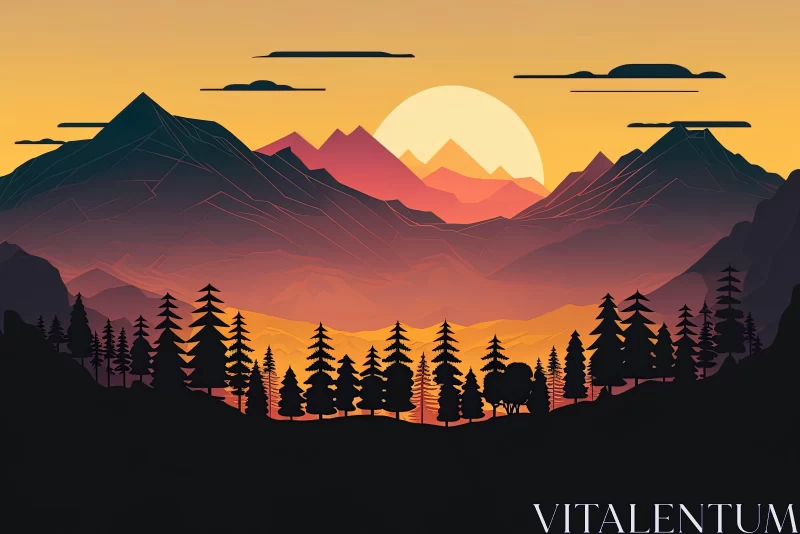 Psychedelic Sunset: Mountain and Tree Silhouettes AI Image