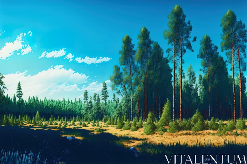 Serenity of Wilderness: Pine Trees and Pastoral Scenes AI Image