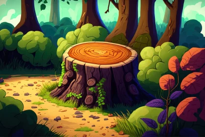 Captivating Cartoon Realism Illustration of a Tree Stump in Forest