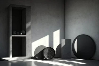 Modern Minimalism: Circular Concrete Objects in Monochrome Room AI Image