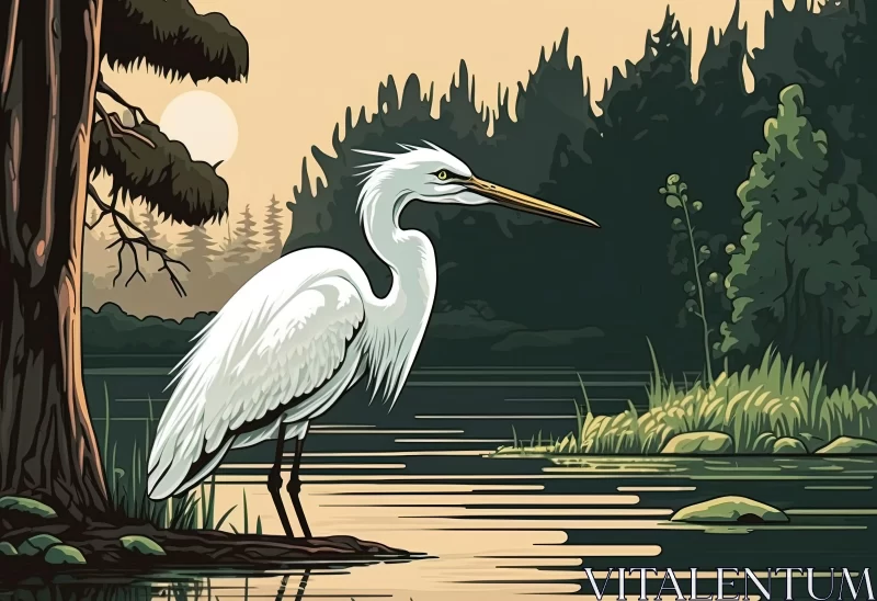 White Egret by Lake at Sunset - Animated Illustration AI Image
