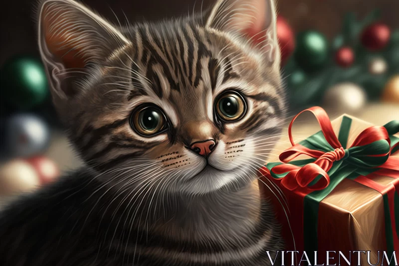 Adorable Striped Kitten with a Present Box Artwork AI Image