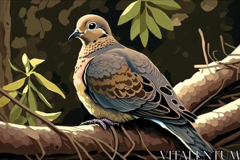 Realistic Portraiture of Dove on Tree Branch in Plein Air AI Image
