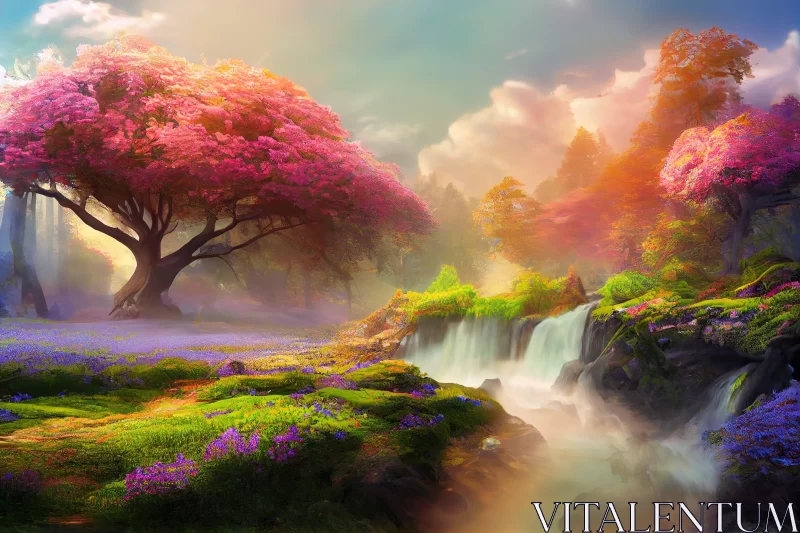 Romantic Forest Landscape with Vibrant Floral Motifs AI Image