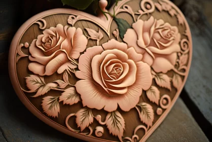 Artistic Heart Sculpture with Pink Roses on Wooden Base