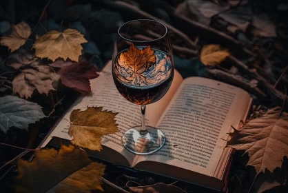 Autumnal Still Life with Wine Glass and Open Book AI Image