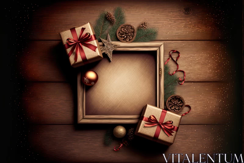 Christmas Frame with Presents on Rustic Wood Background AI Image