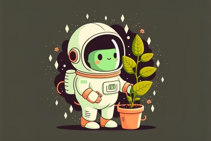 Dreamy Astronaut Holding Plant in Space Illustration AI Image
