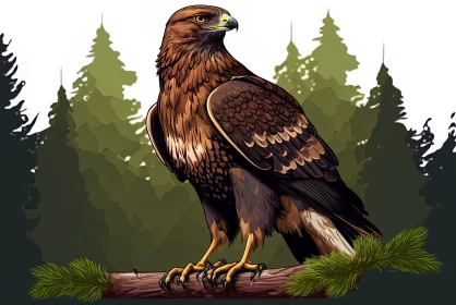 Golden Eagle on Branch in Forest - Detailed Hand-colored Illustration