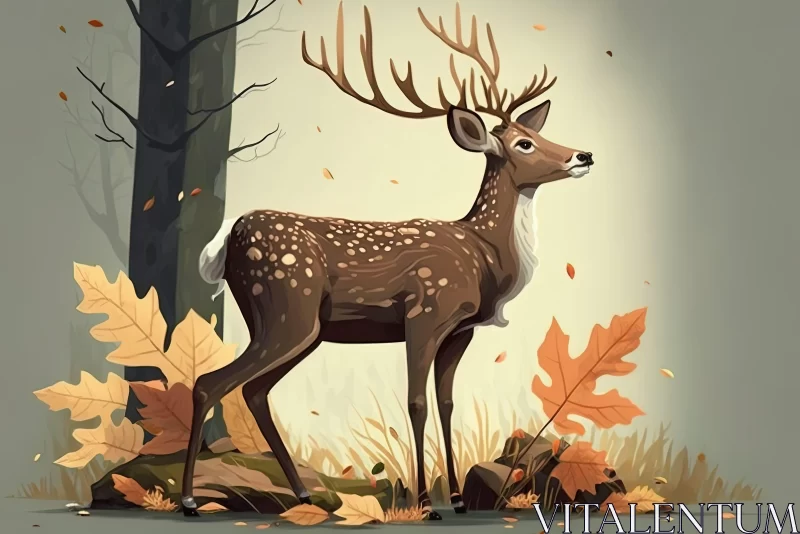 AI ART Illustrated Deer Amidst Autumn Leaves in the Forest