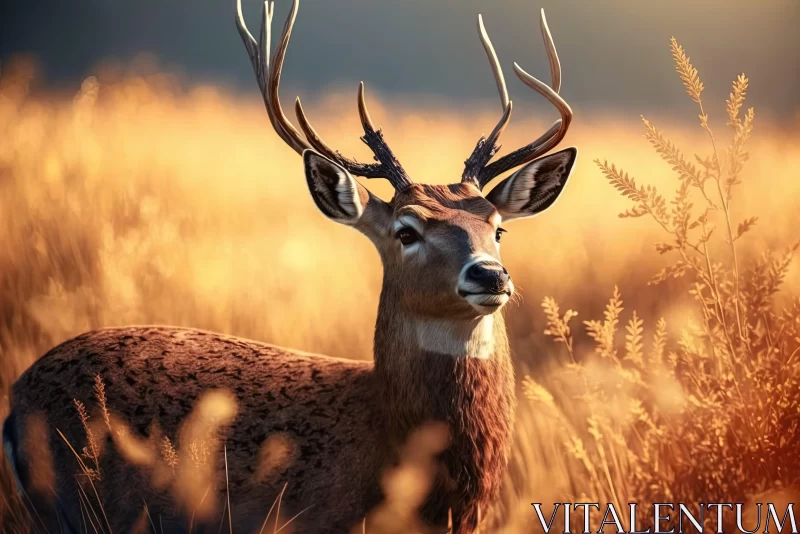 Photorealistic Representation of a Deer in a Golden-Lit Field AI Image