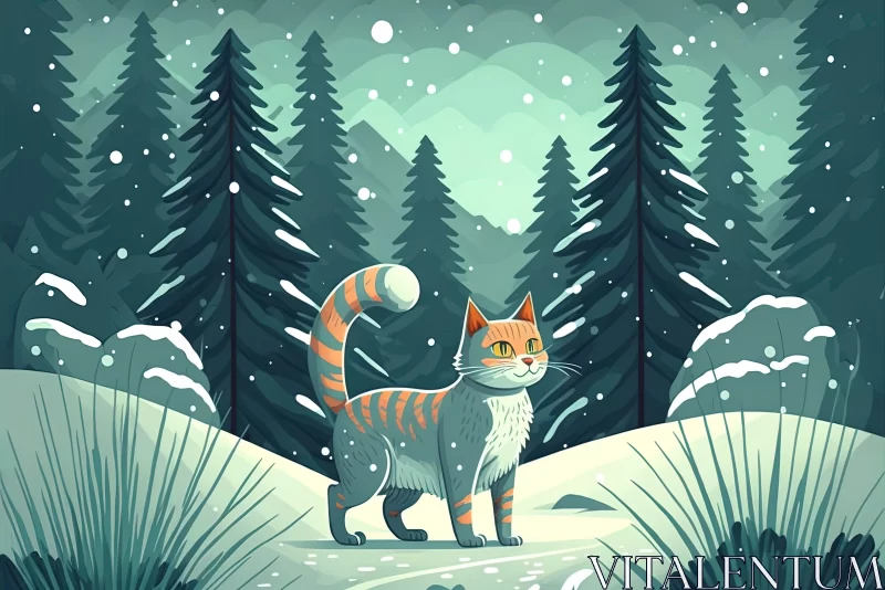 Cartoon Cat in Winter Woodland - A Colorful Landscape AI Image