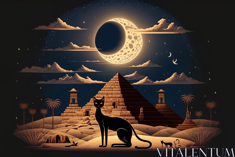 Egyptian Cat Under Moonlight Near Pyramid - Monochromatic Art AI Image