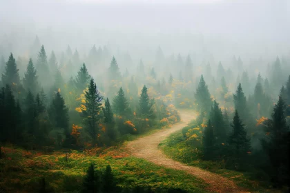 Enchanting Foggy Path in Multicolored Woodland