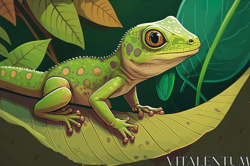 Green Lizard on Leaf: A Detailed Digital Illustration AI Image