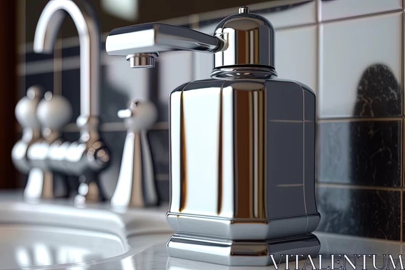 Shiny Faucet on Metal Countertop in Modern Bathroom AI Image