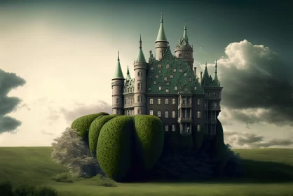 Surrealistic Castle on Verdant Hill in Photorealistic Baroque Style