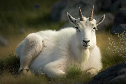 White Mountain Goat in Lush Grass - A Tranquil Wilderness Portrait