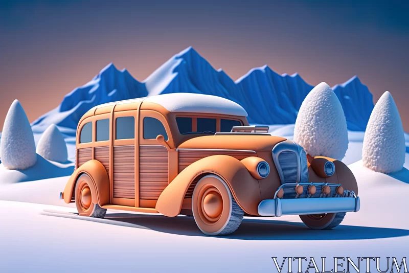Antique Car in Cartoonish Winter Scenery - 3D Art AI Image