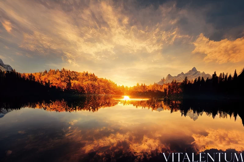 Enchanting Sunset Over Mountainous Lake Landscape AI Image