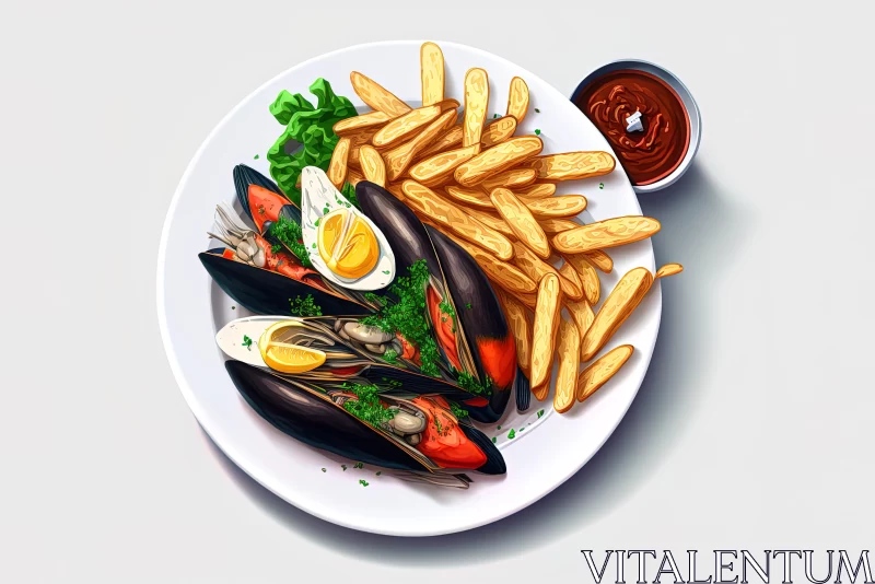 Mussels and Fries Plate Illustration in 2D Game Art Style AI Image