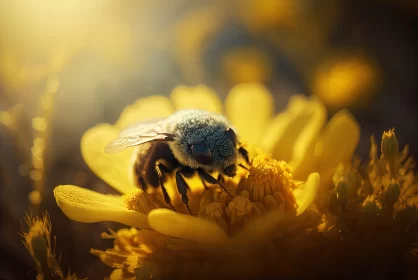 Bee on Yellow Flower at Sunset: A Soft-Focus Monochromatic Depiction