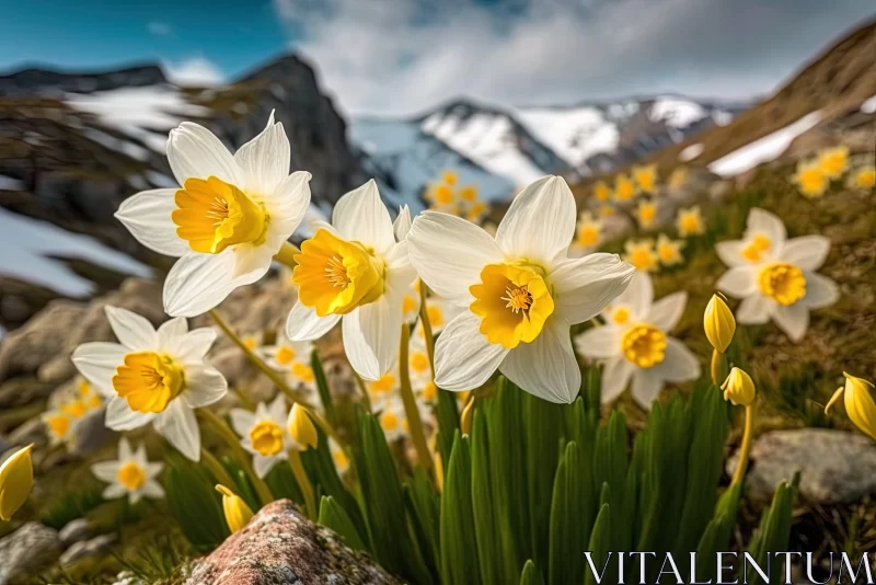 Blooming Daffodils Amidst Mountain Landscape AI Image