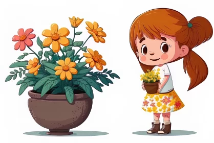 Cartoon Girl with Potted Flower - Charming Children's Illustration AI Image