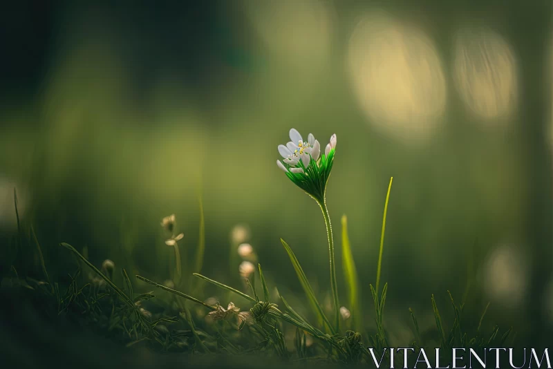 Delicate White Flower Amidst Grassy Field: A Whimsical Interpretation AI Image