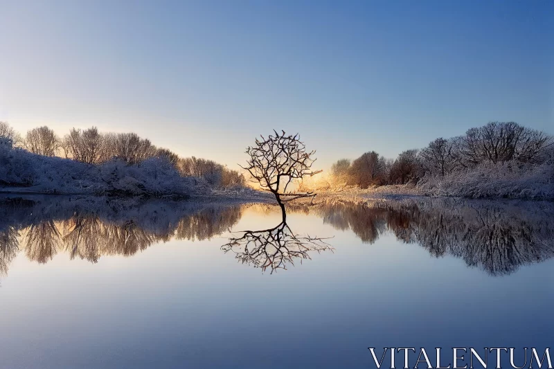 Lone Tree Reflected in Frozen Lake: A Natural Fairy Tale AI Image