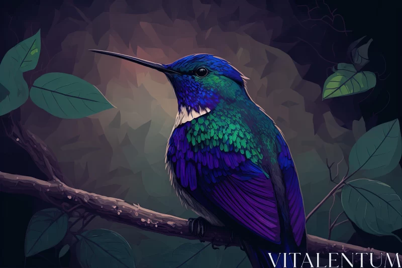 Emerald and Dark Violet Hummingbird - Monochromatic Digital Art AI Image