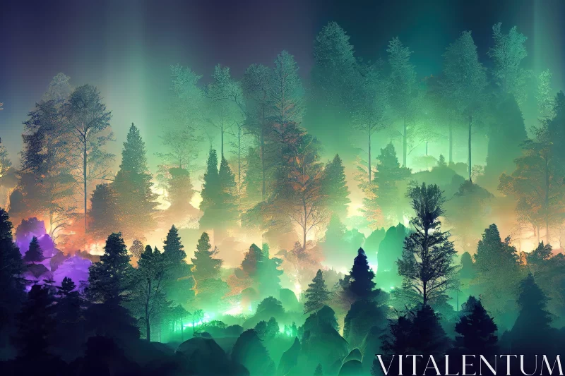 Enchanting Forest Landscape Bathed in Emerald and Cyan AI Image