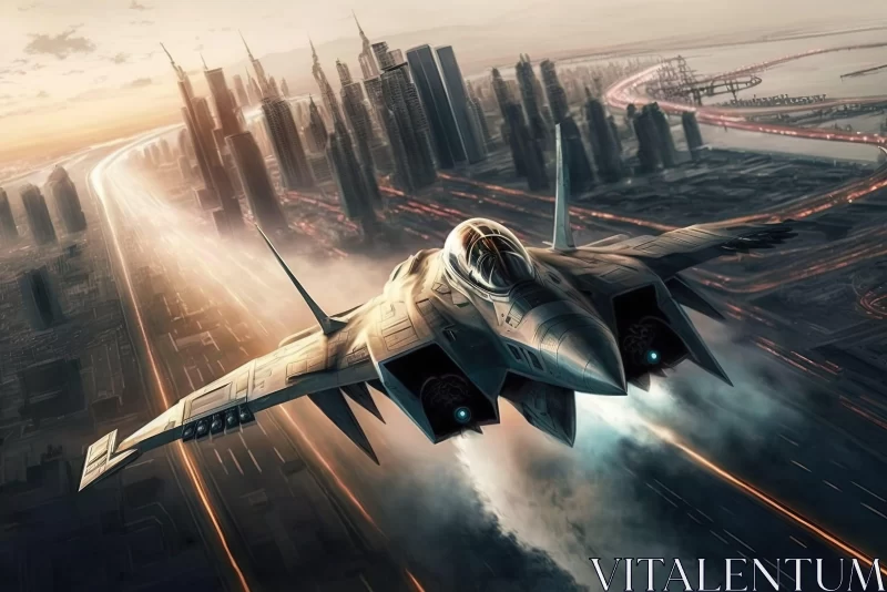Futuristic Realism: Fighter Jet Over Urban Landscape AI Image