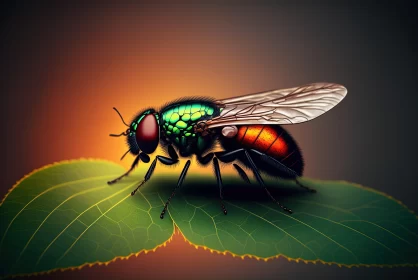 Intricate Fly on Leaf Artwork with Realistic Lighting AI Image