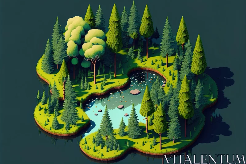 Isometric Illustration of Nature's Wonders: Pond and Pine Trees AI Image