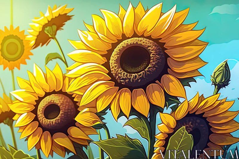 Sunflower Field Illustration in Pop Art Style AI Image