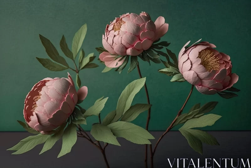 Paper Peonies: A Delicate Display on Emerald Green AI Image