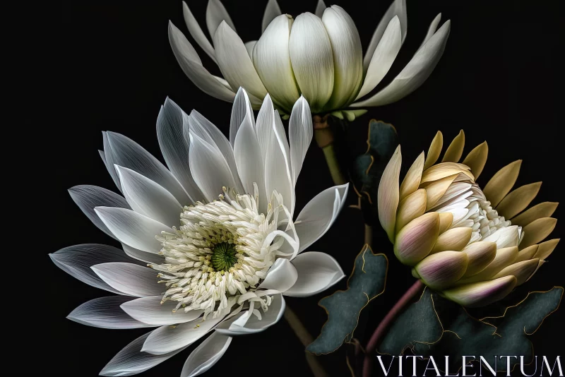 White and Yellow Lotus Flowers Against Black Background AI Image