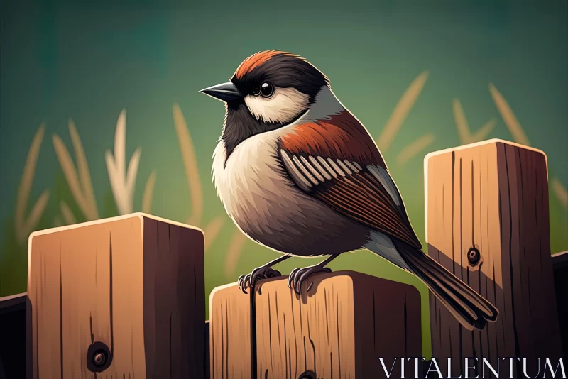 Colorful, Detailed 2D Game Art of Bird on Wooden Fence AI Image
