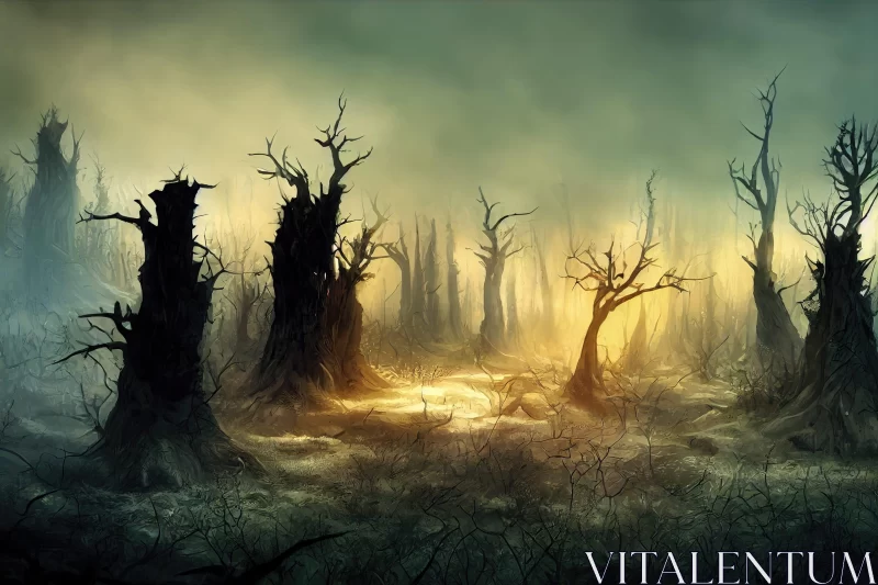 Haunting Forest Scene with Skeletal Trees and Dead Animals AI Image