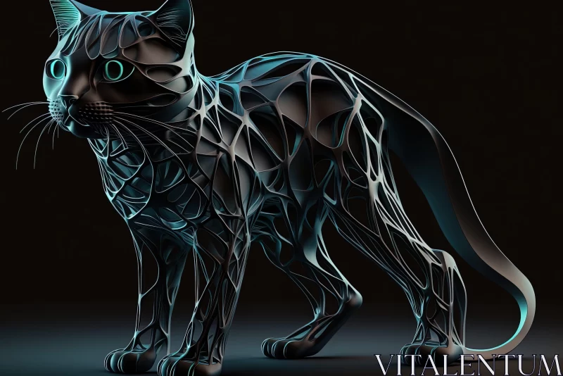 Intricate 3D Modeled Cat in Dark and Aquamarine Tones AI Image